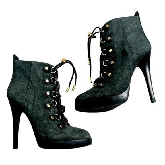TORY BURCH Black Suede Hamila Adjustable Lace Up High Heel Booties Size 5 - Picture 1 of 12